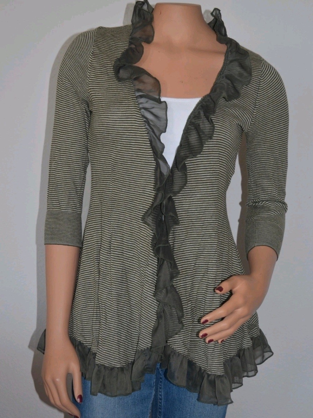 Anthropology Ruffled Open-Front Cardigan in Olive Stripe Size Mefium